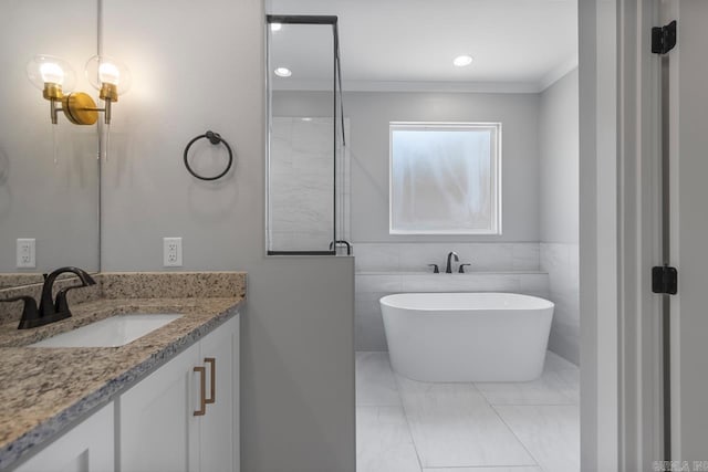 49 Saffron Cir, Little Rock, AR 72223 - full bath featuring a freestanding bath, vanity, and crown molding