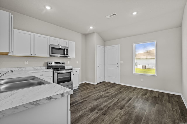 116 Baldwin Dr, Beebe, AR 72012 - kitchen with stainless steel appliances, dark wood-style flooring, white cabinets, recessed lighting, and lofted ceiling