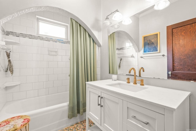 127 W F Ave, North Little Rock, AR 72116 - full bath with vanity, shower / bath combo, and ornamental molding