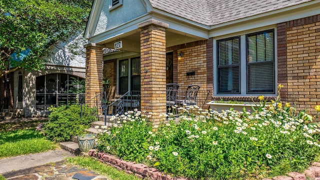 127 W F Ave, North Little Rock, AR 72116 - doorway to property featuring brick siding, a shingled roof, and covered porch