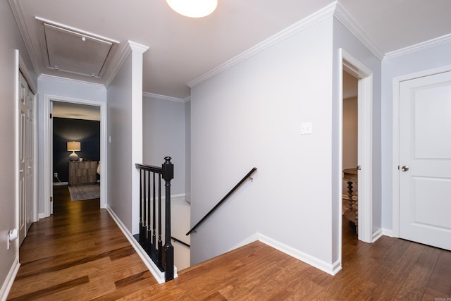 227 Valley Club Cir, Little Rock, AR 72212 - corridor with an upstairs landing, attic access, wood finished floors, and ornamental molding