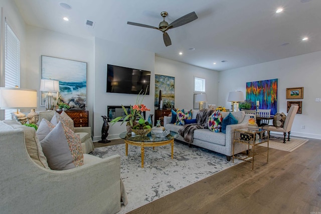 101 Mergeron Ct, Little Rock, AR 72212 - living room featuring wood finished floors, a ceiling fan, and recessed lighting