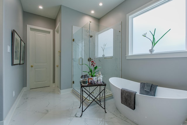 101 Mergeron Ct, Little Rock, AR 72212 - full bathroom featuring a marble finish shower, a freestanding bath, marble finish flooring, and recessed lighting