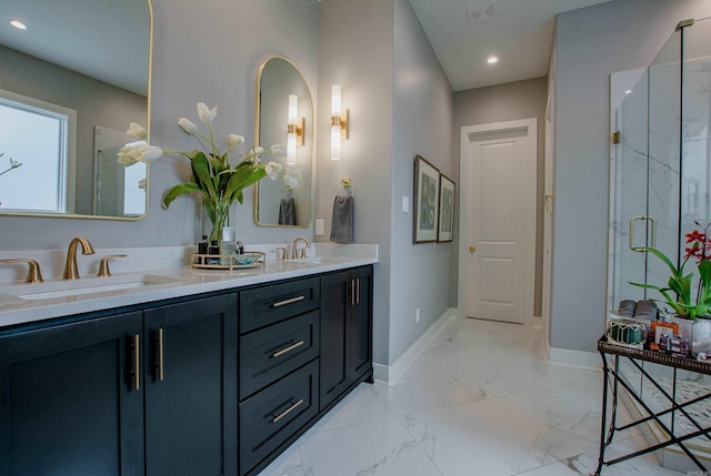101 Mergeron Ct, Little Rock, AR 72212 - full bathroom featuring double vanity, a shower stall, recessed lighting, and marble finish flooring
