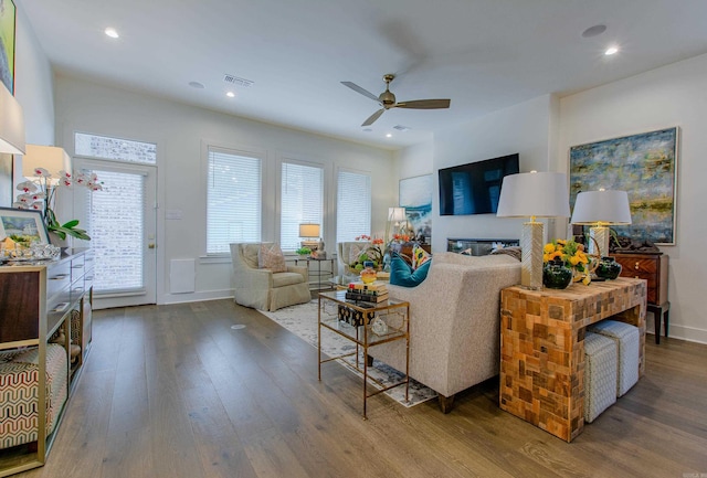 101 Mergeron Ct, Little Rock, AR 72212 - living room featuring wood finished floors, a ceiling fan, and recessed lighting