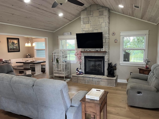 758 Barren Fork Rd, Mount Pleasant, AR 72561 - living area featuring lofted ceiling, wood finished floors, recessed lighting, ceiling fan, and a fireplace