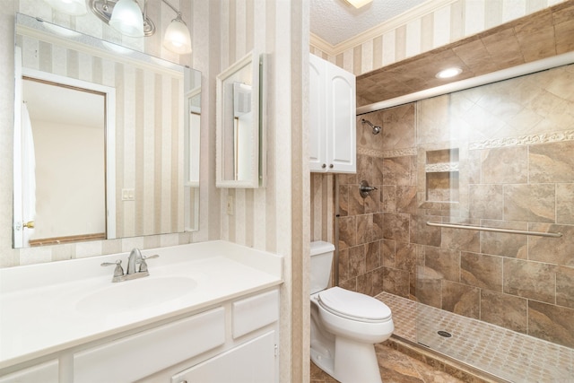1 Bahia Ln, Hot Springs Village, AR 71909 - bathroom with wallpapered walls, a tile shower, and vanity