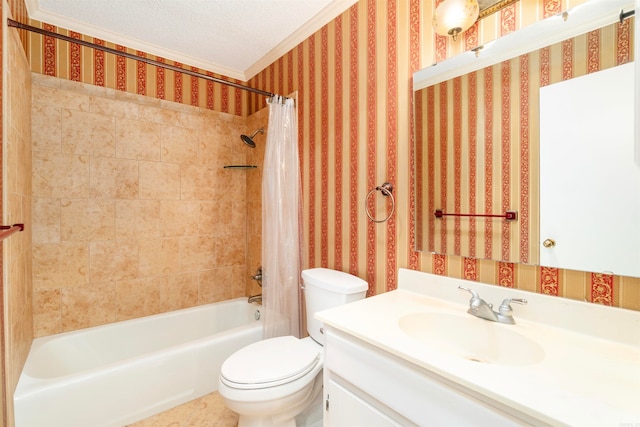 1 Bahia Ln, Hot Springs Village, AR 71909 - bathroom with crown molding, vanity, shower / tub combo with curtain, and a textured ceiling