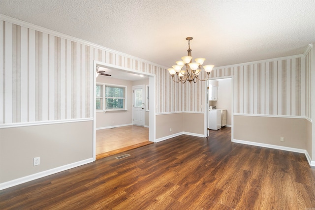 1 Bahia Ln, Hot Springs Village, AR 71909 - empty room with crown molding, dark wood-style floors, a chandelier, a textured ceiling, and wallpapered walls