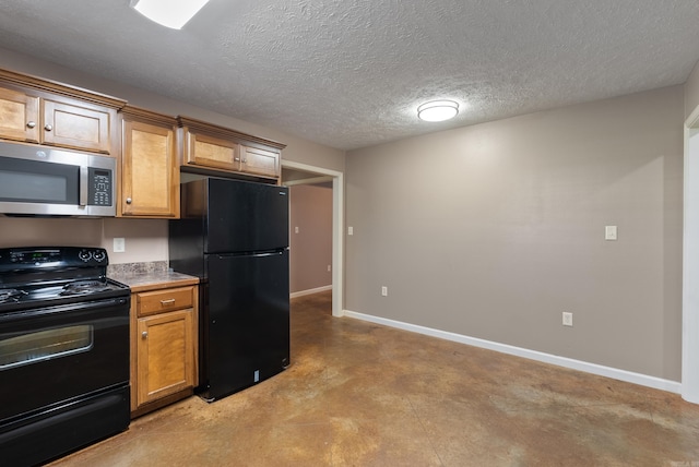 970 Wineberry, Conway, AR 72034 - kitchen featuring black appliances, concrete flooring, brown cabinetry, and a textured ceiling