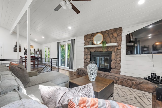 99Rogers Drive, Bryant, AR 72022 - living area featuring a ceiling fan, wood finished floors, recessed lighting, vaulted ceiling, and a fireplace