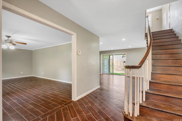 900 Melton Dr, Jonesboro, AR 72401 - empty room with ceiling fan, stairway, dark wood-style floors, ornamental molding, and recessed lighting