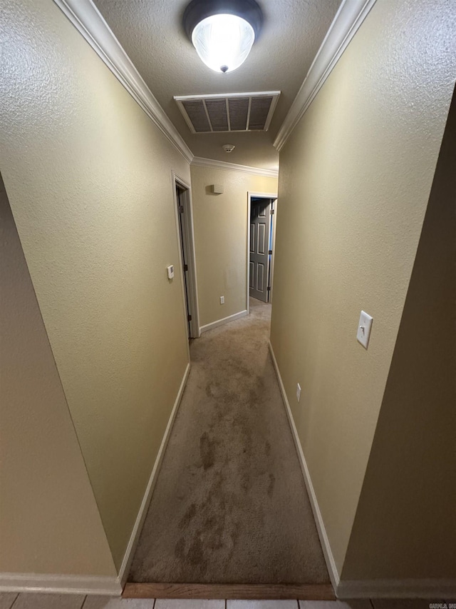 corridor featuring carpet floors and crown molding