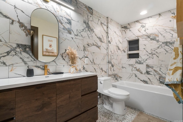 128 Dickson Dr, Little Rock, AR 72207 - full bathroom featuring tile walls, vanity, shower / bathtub combination, and decorative backsplash
