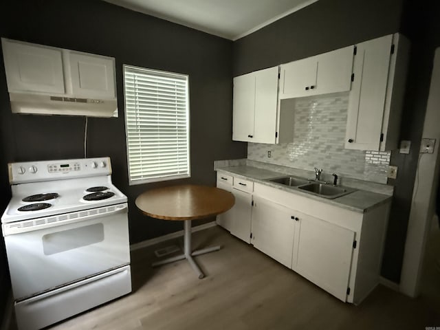 2417 Wolfe St, Little Rock, AR 72206 - kitchen with white electric range, light wood-style floors, under cabinet range hood, white cabinets, and light countertops