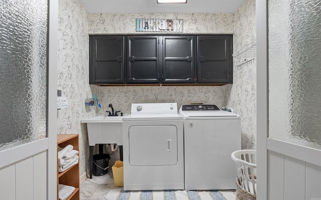 9 San Vincente Pl, Hot Springs Village, AR 71909 - laundry area with cabinet space, separate washer and dryer, and wallpapered walls