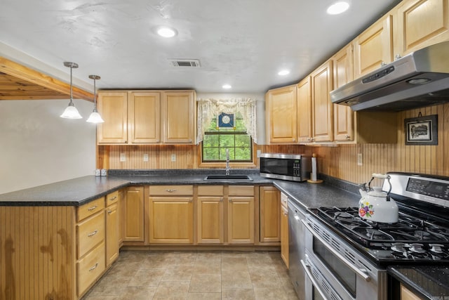 391 Bloodworth Rd, Searcy, AR 72143 - kitchen featuring appliances with stainless steel finishes, extractor fan, a peninsula, dark countertops, and recessed lighting