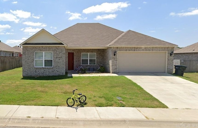 single story home featuring a garage, driveway, brick siding, and roof with shingles