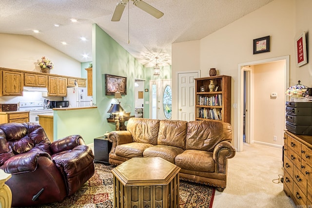 5 Lanza Ct, Hot Springs Village, AR 71909 - living area featuring light carpet, a ceiling fan, a textured ceiling, and high vaulted ceiling
