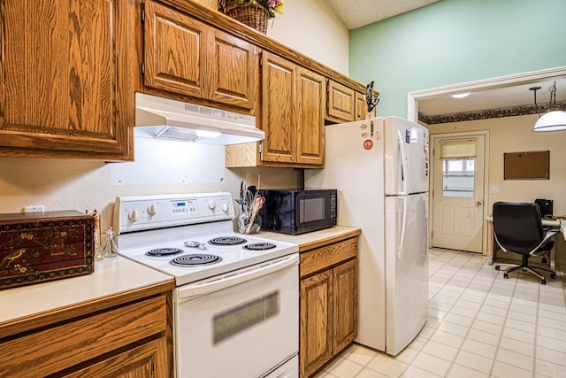 5 Lanza Ct, Hot Springs Village, AR 71909 - kitchen with white appliances, under cabinet range hood, brown cabinetry, and light countertops