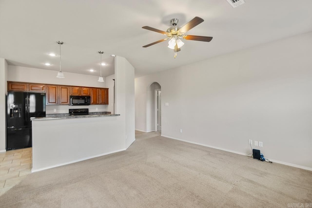 9701 Zuber, Alexander, AR 72002 - kitchen with black appliances, arched walkways, pendant lighting, a ceiling fan, and light carpet
