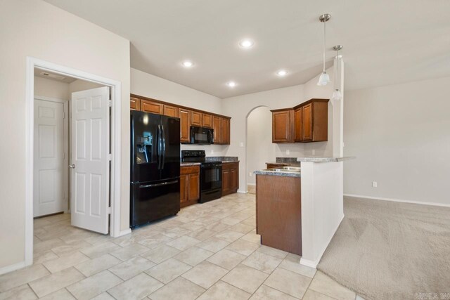 9701 Zuber, Alexander, AR 72002 - kitchen with black appliances, arched walkways, a peninsula, decorative light fixtures, and brown cabinetry