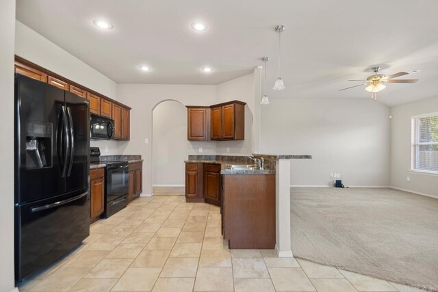 9701 Zuber, Alexander, AR 72002 - kitchen with black appliances, a peninsula, recessed lighting, ceiling fan, and pendant lighting