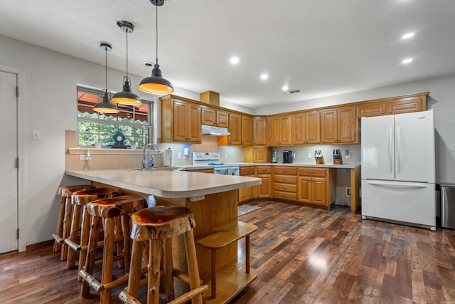 529 Charlie Stover, Royal, AR 71968 - kitchen with white appliances, recessed lighting, a peninsula, light countertops, and under cabinet range hood