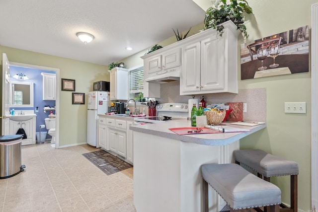 529 Charlie Stover, Royal, AR 71968 - kitchen with white appliances, under cabinet range hood, a breakfast bar, light countertops, and a peninsula
