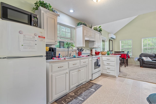 529 Charlie Stover, Royal, AR 71968 - kitchen featuring white appliances, a wall mounted air conditioner, vaulted ceiling, plenty of natural light, and open floor plan