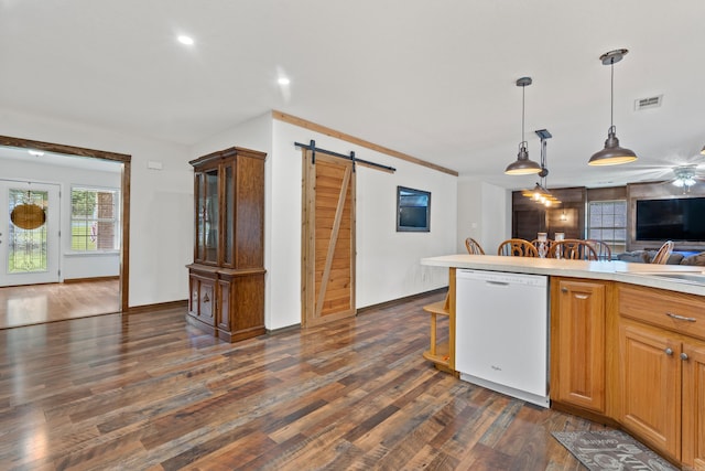 529 Charlie Stover, Royal, AR 71968 - kitchen with dishwasher, a barn door, dark wood-type flooring, light countertops, and recessed lighting