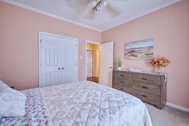 4116 Wildflower Ln, Benton, AR 72015 - bedroom with ornamental molding, light carpet, ceiling fan, and a closet