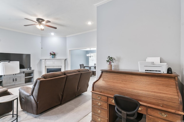 2225 Caleb Dr, Searcy, AR 72143 - office space with crown molding, ceiling fan, light colored carpet, a fireplace, and recessed lighting