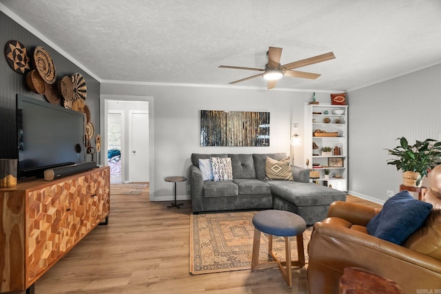 7616 Samples Rd, Benton, AR 72019 - living area featuring ornamental molding, a ceiling fan, light wood-type flooring, and a textured ceiling
