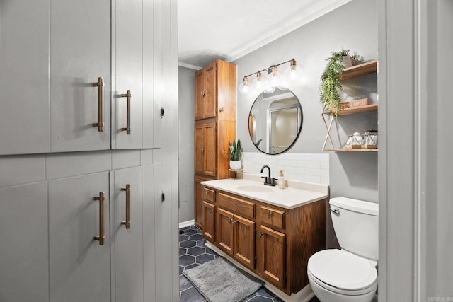 7616 Samples Rd, Benton, AR 72019 - bathroom with vanity, backsplash, crown molding, and tile patterned flooring