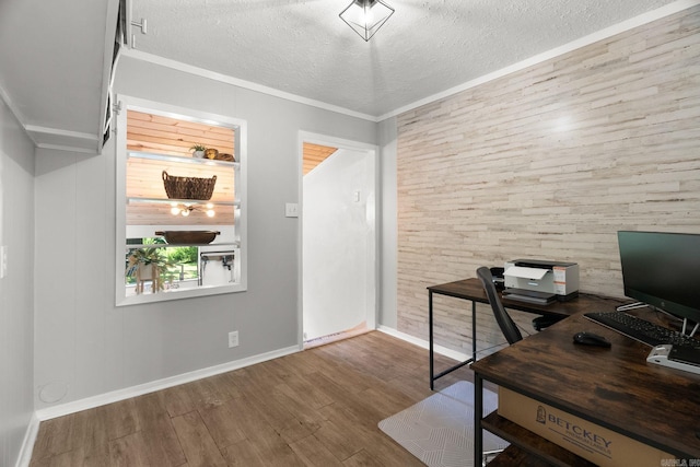 7616 Samples Rd, Benton, AR 72019 - office area with a textured ceiling, wood finished floors, ornamental molding, and wood walls
