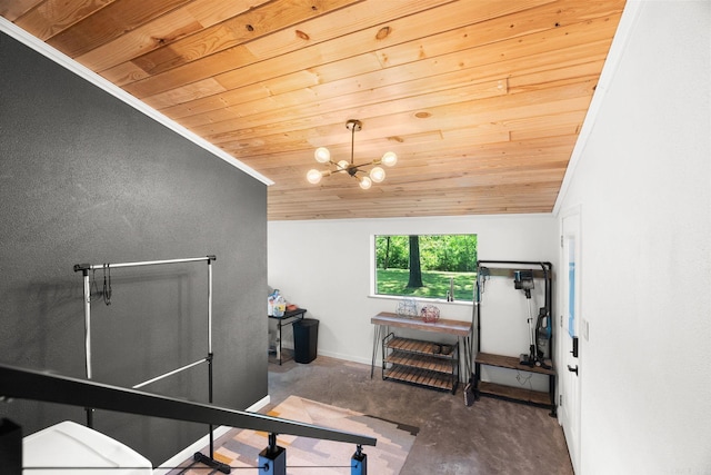 7616 Samples Rd, Benton, AR 72019 - bedroom featuring wooden ceiling, unfinished concrete floors, a chandelier, and vaulted ceiling