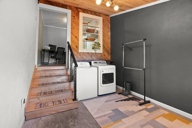 7616 Samples Rd, Benton, AR 72019 - washroom with independent washer and dryer, wooden ceiling, wooden walls, and an office area