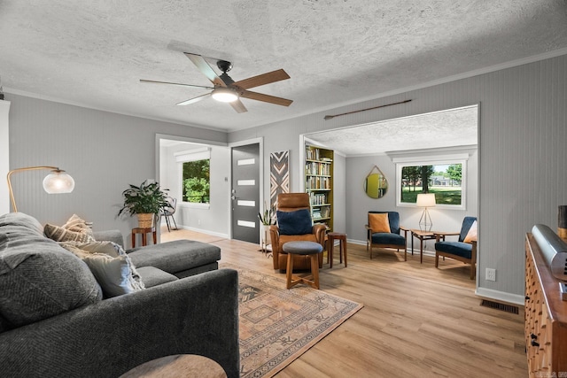 7616 Samples Rd, Benton, AR 72019 - living room with light wood-style floors, ceiling fan, crown molding, and a textured ceiling