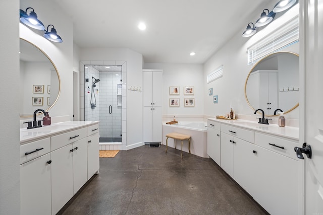 109 Spencer Chase Ct, Hot Springs, AR 71913 - bathroom with finished concrete flooring, a stall shower, two vanities, a bath, and recessed lighting