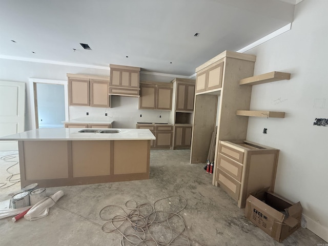 6960 Christine Ln, Benton, AR 72019 - kitchen featuring a kitchen island, ornamental molding, and light brown cabinets