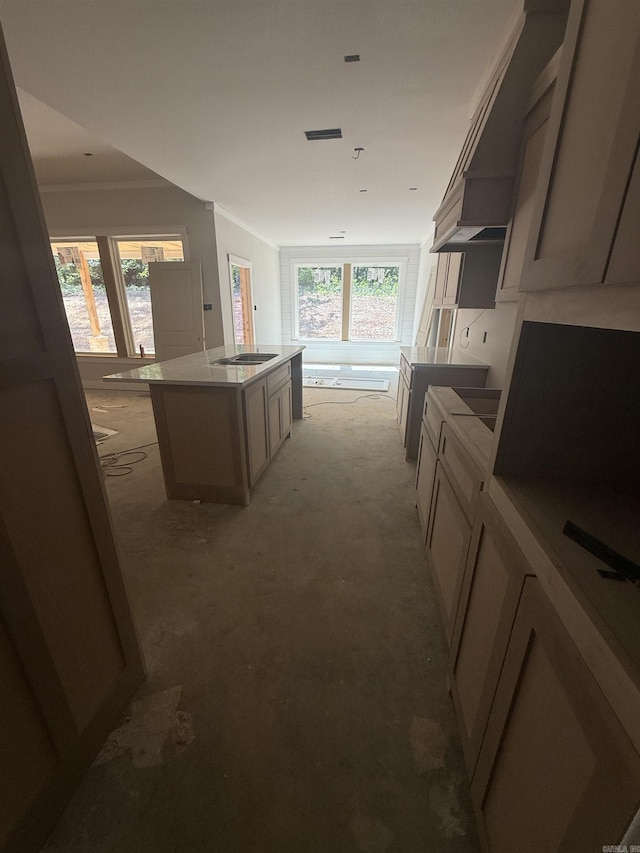 6960 Christine Ln, Benton, AR 72019 - kitchen with ornamental molding, an island with sink, plenty of natural light, and cooktop