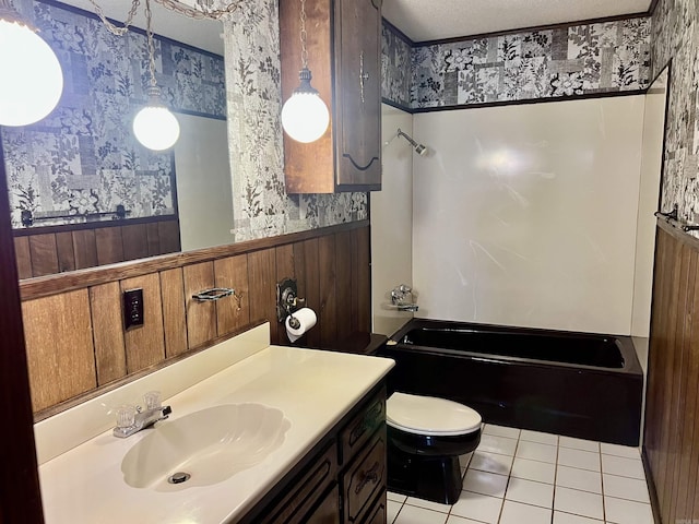 101 Fairway Dr, Bald Knob, AR 72010 - bathroom with wallpapered walls, wainscoting, vanity,  shower combination, and tile patterned flooring