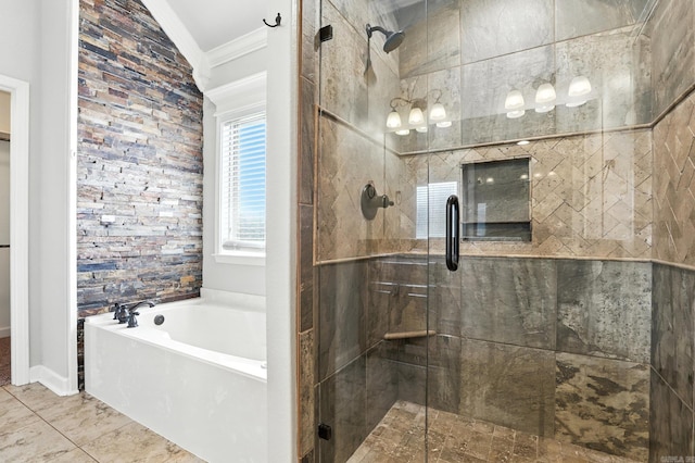 6137 Remington Dr, Bryant, AR 72022 - full bath with crown molding, a bath, and a stall shower