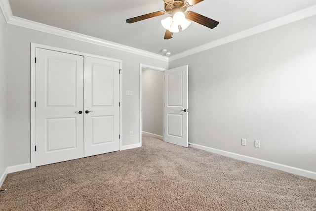 6137 Remington Dr, Bryant, AR 72022 - unfurnished bedroom with carpet, crown molding, a closet, and a ceiling fan