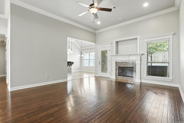 6137 Remington Dr, Bryant, AR 72022 - unfurnished living room featuring a ceiling fan, dark wood finished floors, a premium fireplace, ornamental molding, and recessed lighting