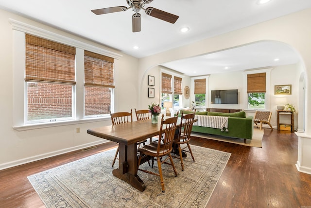 120 Crystal Ct, Little Rock, AR 72205 - dining space with arched walkways, wood finished floors, a ceiling fan, and recessed lighting