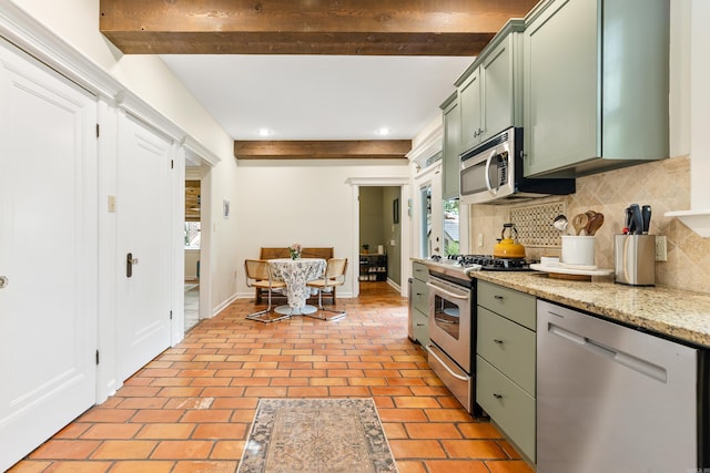 120 Crystal Ct, Little Rock, AR 72205 - kitchen with appliances with stainless steel finishes, green cabinetry, tasteful backsplash, recessed lighting, and beamed ceiling