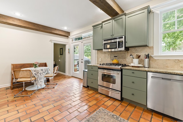120 Crystal Ct, Little Rock, AR 72205 - kitchen with green cabinets, appliances with stainless steel finishes, beamed ceiling, decorative backsplash, and recessed lighting