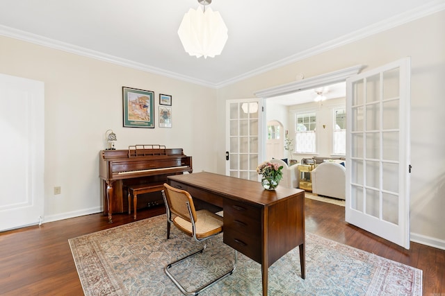 120 Crystal Ct, Little Rock, AR 72205 - office featuring french doors, crown molding, and dark wood-style flooring